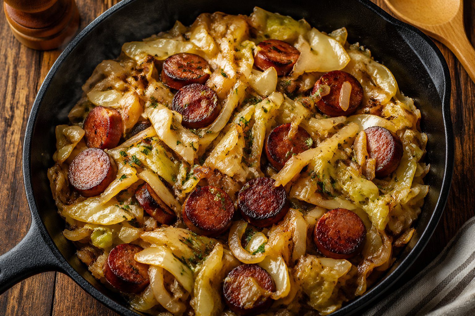 Sausage and Cabbage Skillet one-pan meal with browned sausage, tender cabbage, and onions in a rustic cast iron pan, healthy easy dinner recipe served warm
