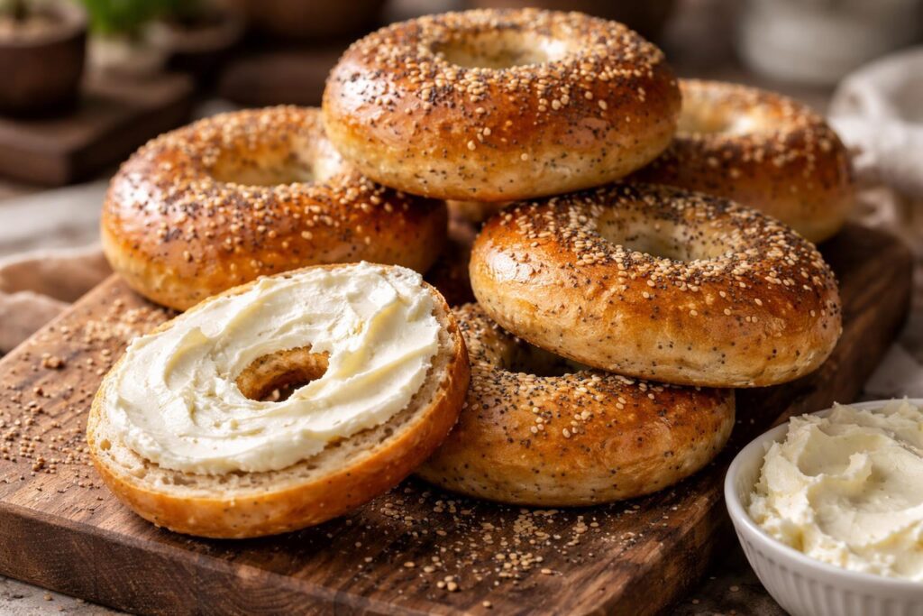 Soft and chewy keto bagels recipe New York style served fresh on a wooden board with cream cheese, showing low-carb bakery-quality texture and golden crust