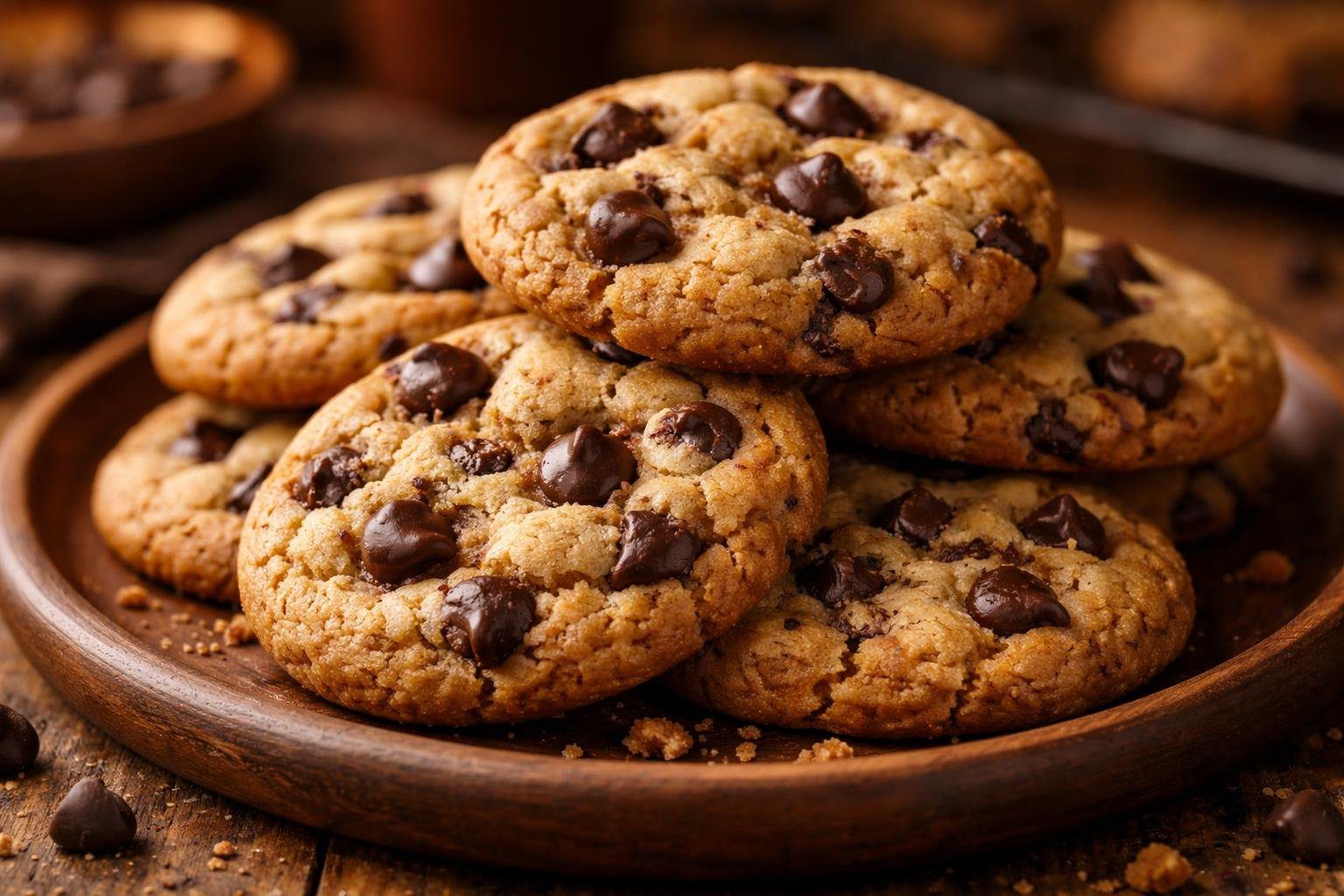 Soft and chewy keto cookies recipe showcasing low carb chocolate chip cookies with gooey texture and rich chocolate chips on rustic wooden plate