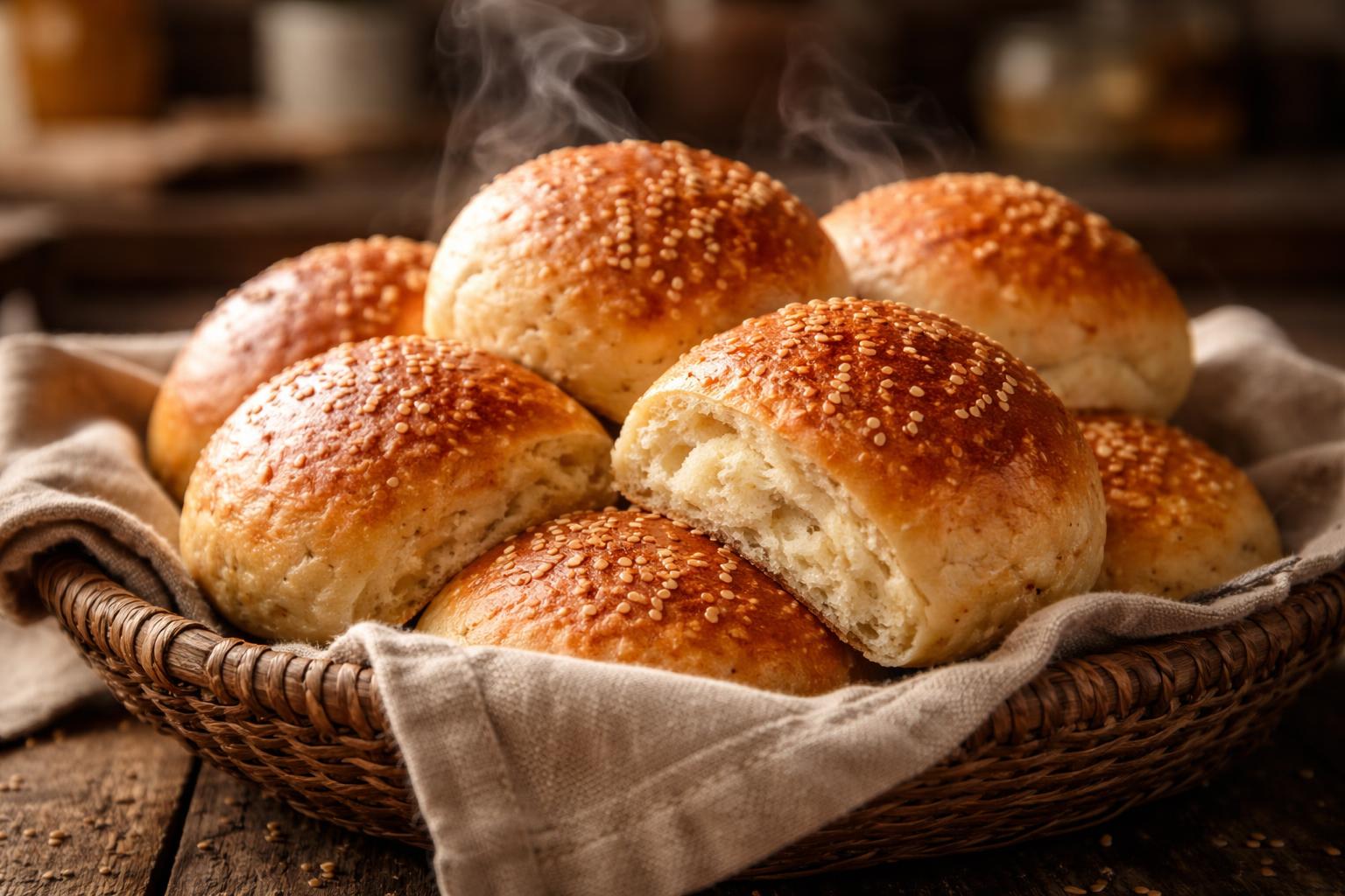 Soft and fluffy low carb dinner rolls recipe freshly baked, golden brown keto dinner rolls on rustic wooden table with warm lighting and homemade healthy bread texture