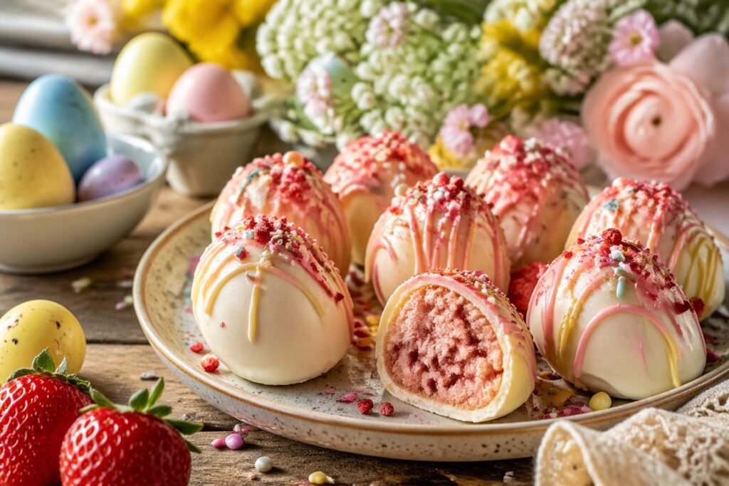 Strawberry Shortcake Easter Egg Bombs no-bake Easter dessert displayed on rustic table with white chocolate coating, strawberries, and pastel Easter decorations in soft natural light