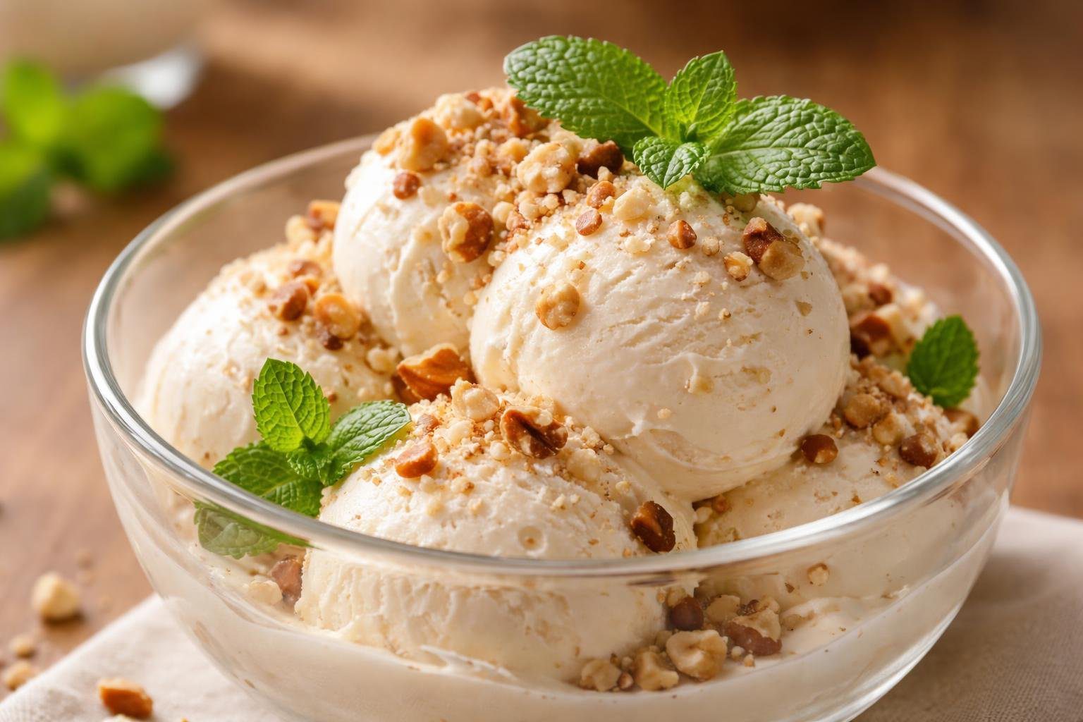 Sugar free ice cream recipe homemade creamy vanilla dessert in glass bowl with nuts and mint, healthy low carb keto friendly sweet treat