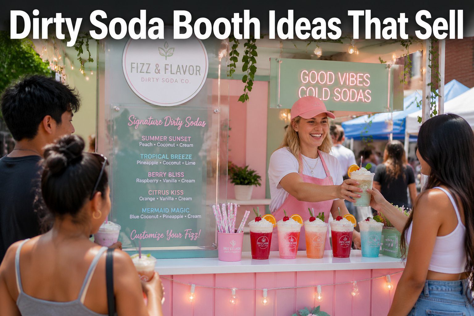 Trendy dirty soda vendors booth design with pastel theme, creative menu board, colorful drinks, and eye-catching setup for soda stand inspiration