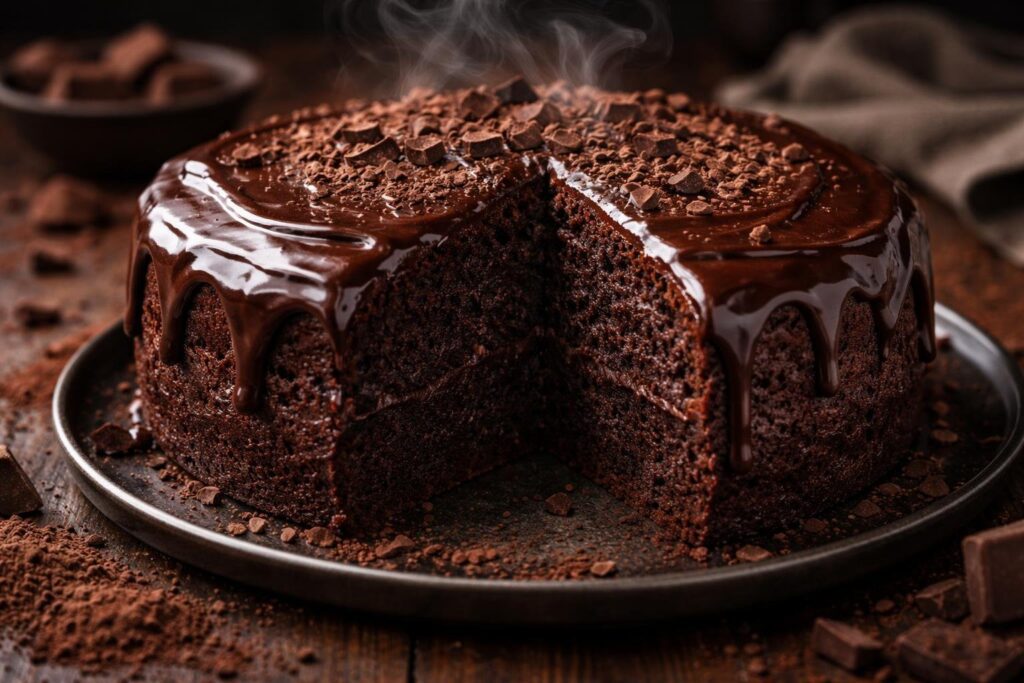 Ultra fudgy keto chocolate cake recipe moist with rich chocolate ganache and soft gooey interior served on rustic wooden table, low-carb dessert