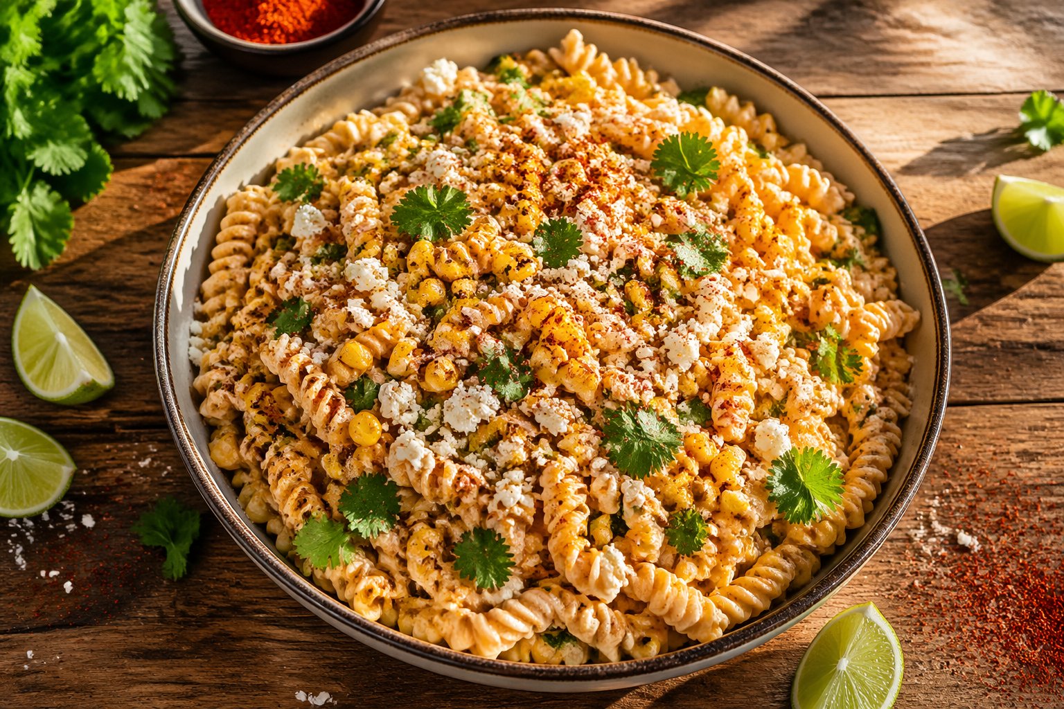 Ultra-realistic Mexican Street Corn Pasta Salad served in a bowl with creamy pasta, grilled corn, cotija cheese, lime, and cilantro, styled as a vibrant summer BBQ side dish perfect for potlucks and gatherings.