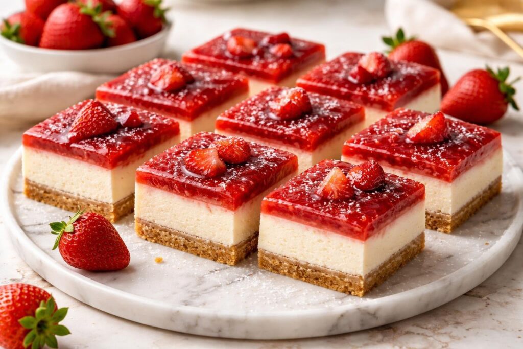 Ultra-realistic keto strawberry cheesecake bars recipe sliced on marble plate with creamy layers, strawberry topping, and almond flour crust in natural light