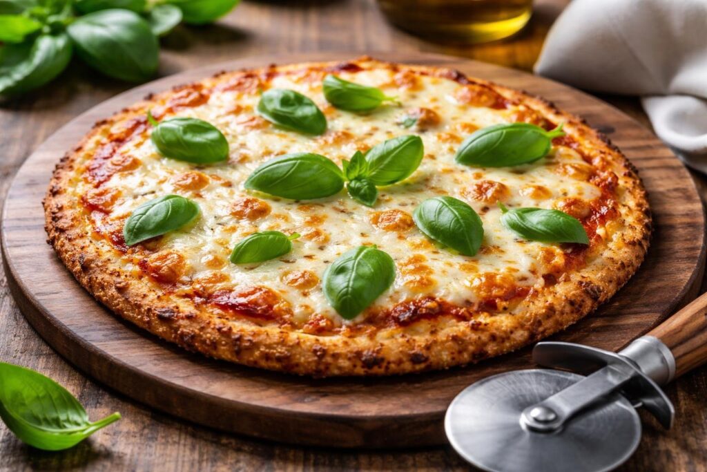 crispy keto pizza dough recipe with golden low carb crust, melted cheese and basil on homemade keto pizza base