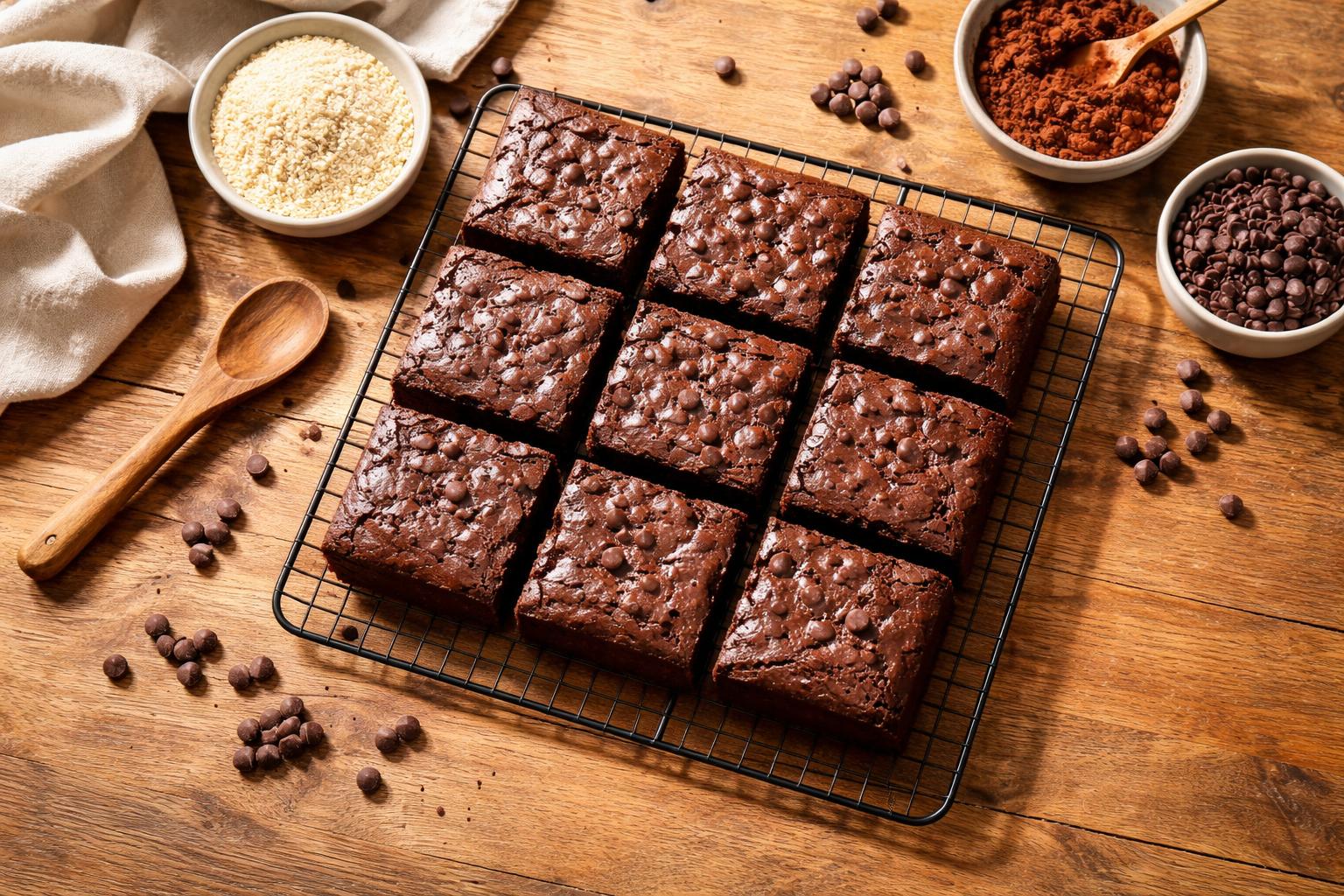 how to bake keto desserts at home with fresh low carb chocolate brownies made from almond flour in a bright homemade kitchen setup