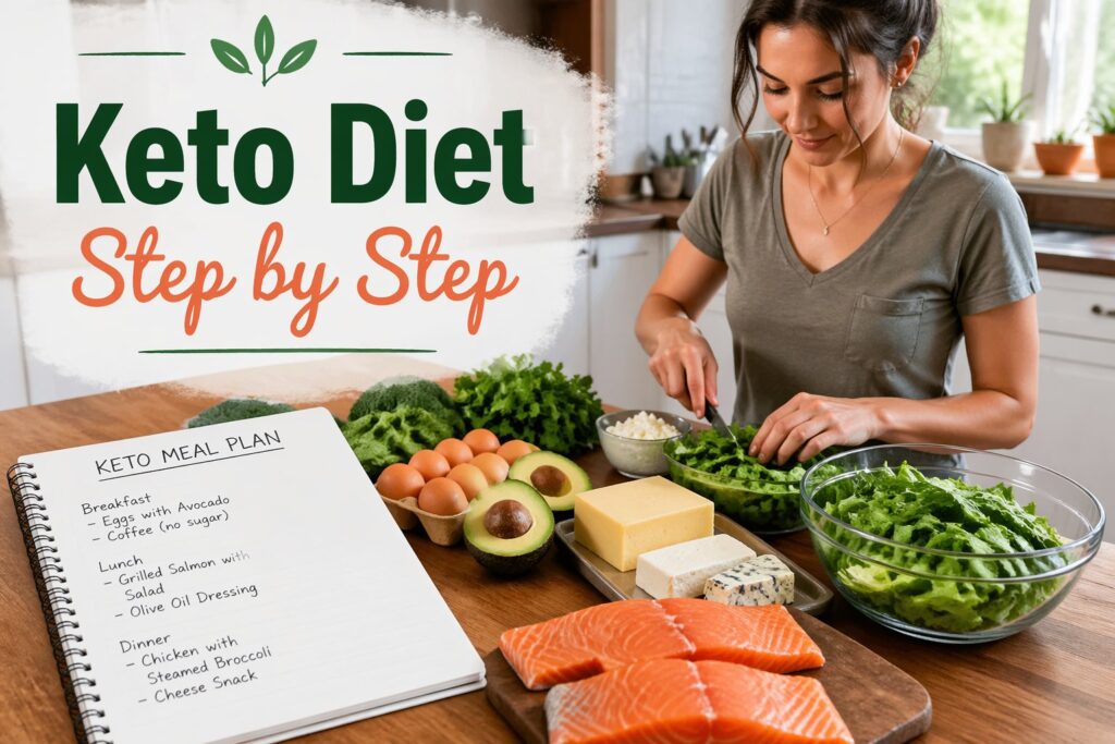how to start keto diet step by step, beginner preparing low carb high fat keto meal with eggs, avocado and salmon in a modern kitchen, keto diet plan setup
