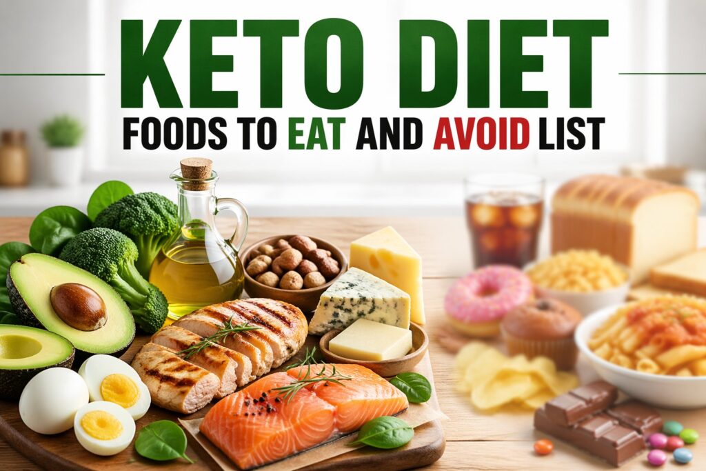 keto diet foods to eat and avoid list showing healthy keto friendly foods like avocado, eggs, chicken, salmon, olive oil, spinach, broccoli, nuts on one side and high carb foods like bread,