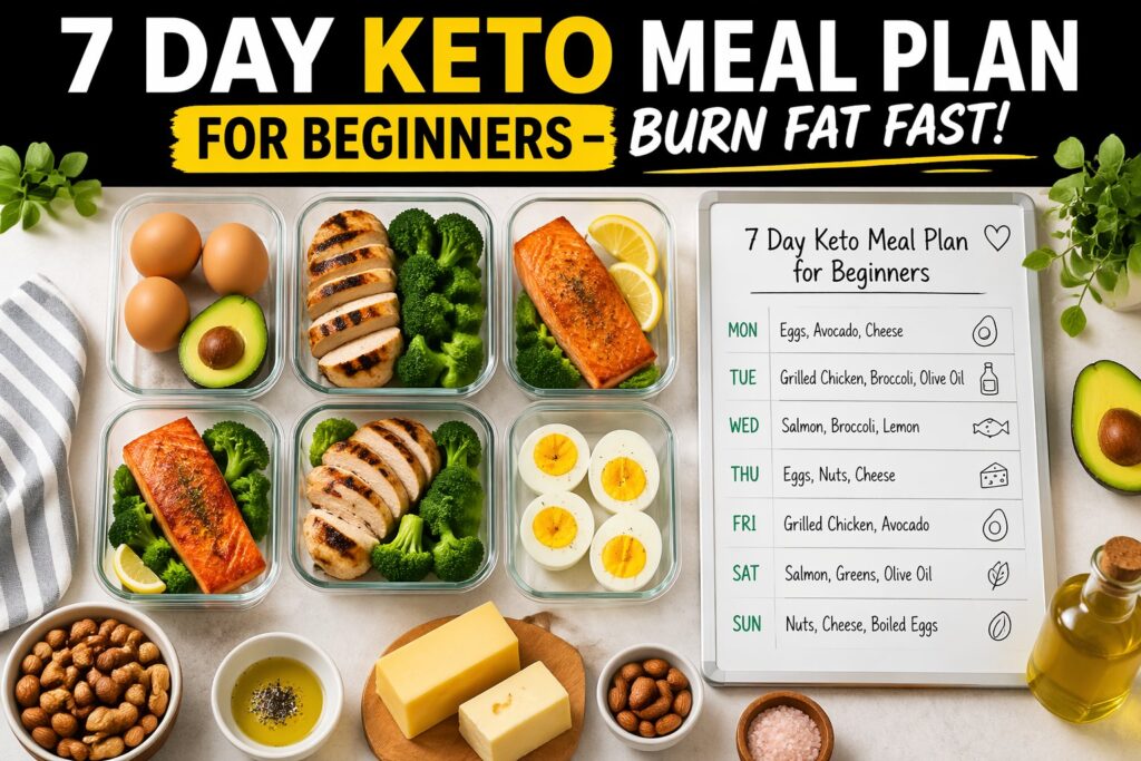 keto meal plan for beginners 7 days weekly keto diet chart with healthy low carb foods like eggs, avocado, chicken, salmon and vegetables arranged for a structured fat loss keto meal prep guide