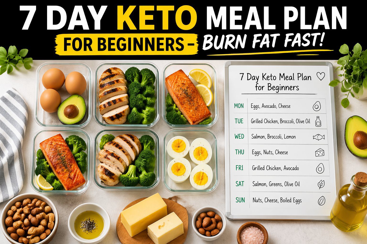 keto meal plan for beginners 7 days weekly keto diet chart with healthy low carb foods like eggs, avocado, chicken, salmon and vegetables arranged for a structured fat loss keto meal prep guide