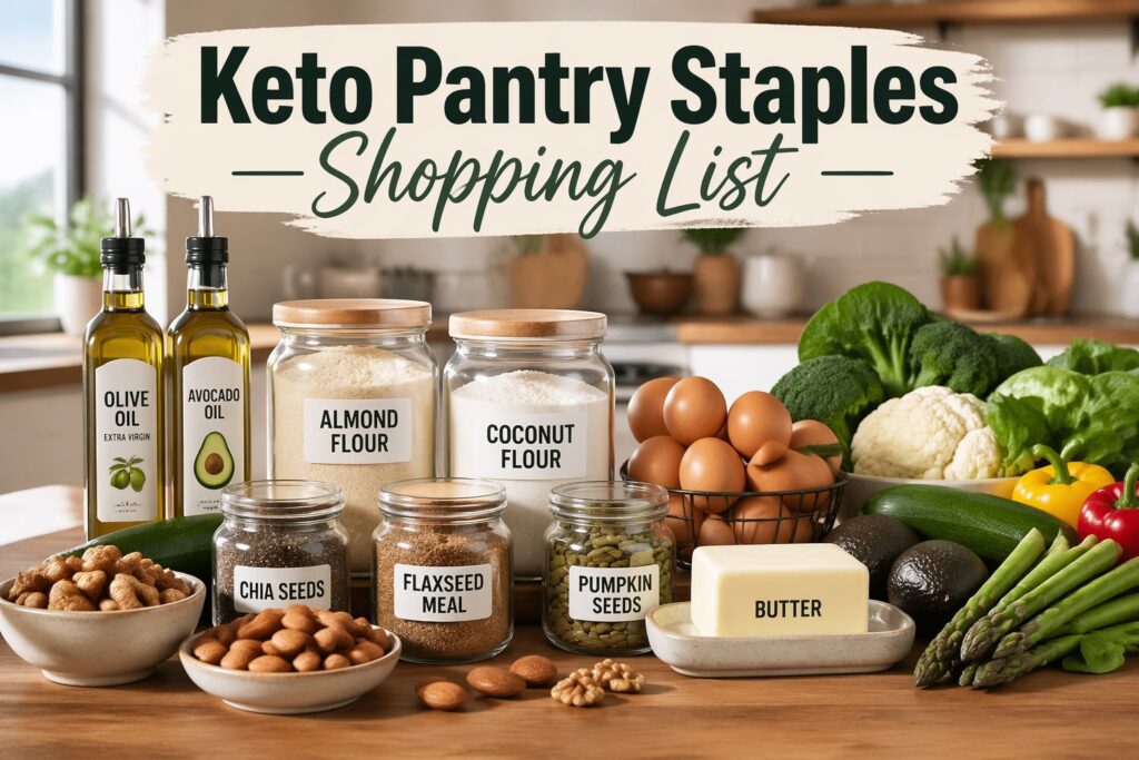 keto pantry staples shopping list with olive oil, almond flour, coconut flour, nuts, seeds and low carb ingredients in a modern kitchen for keto diet beginners