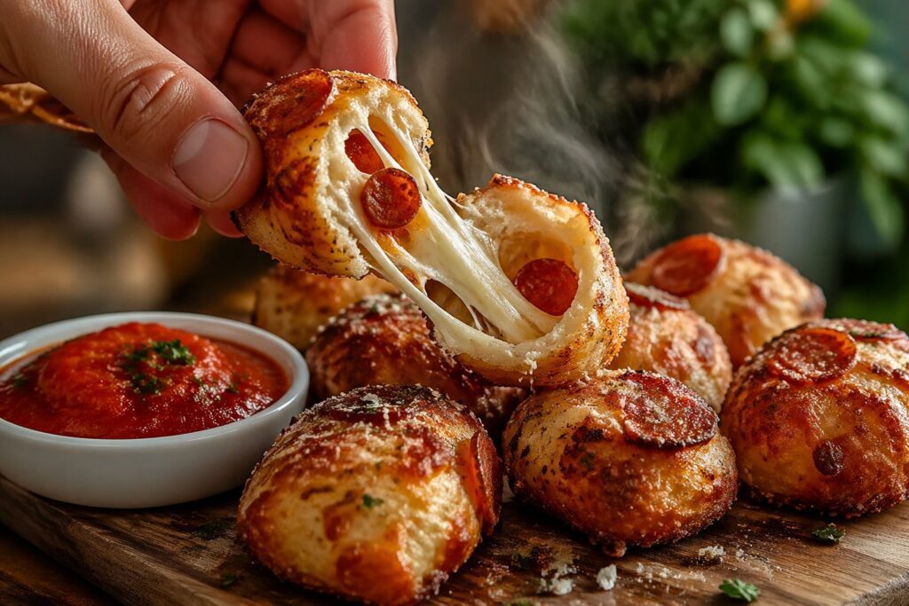 keto pepperoni pizza bites that are perfect for low carb appetizers and easy dinner recipe, showing melted cheese stretch, crispy crust, and pepperoni filling served with marinara dipping sauce