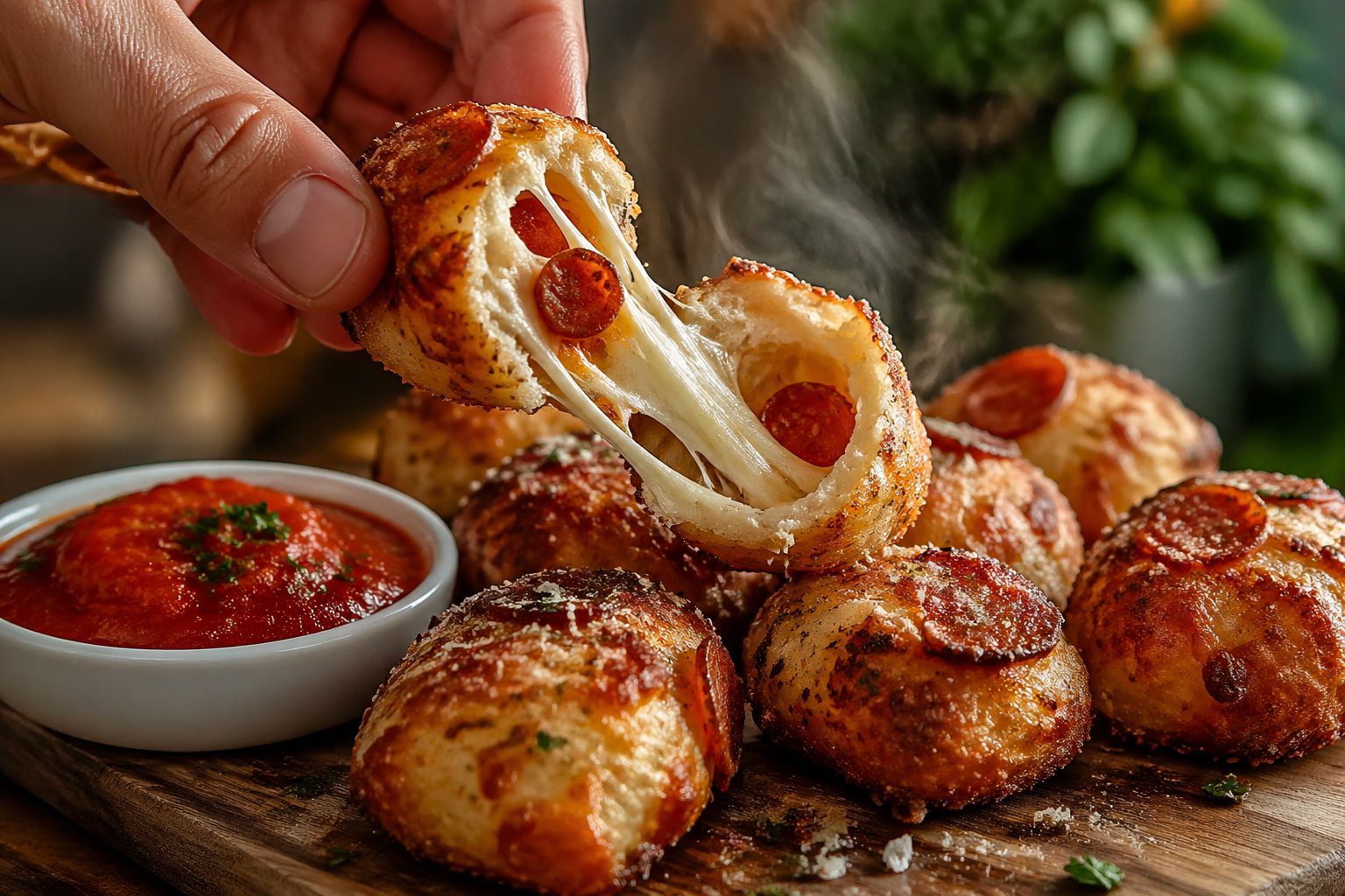 keto pepperoni pizza bites that are perfect for low carb appetizers and easy dinner recipe, showing melted cheese stretch, crispy crust, and pepperoni filling served with marinara dipping sauce