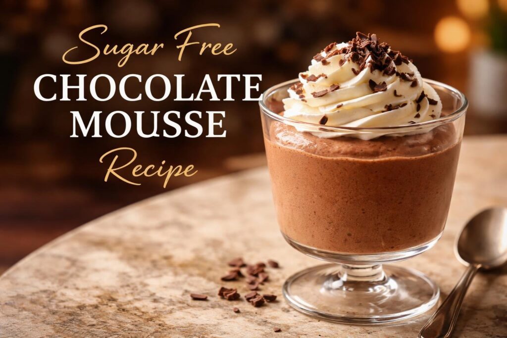 sugar free chocolate mousse recipe in a glass cup topped with whipped cream and chocolate shavings, creamy low carb chocolate dessert with rich texture