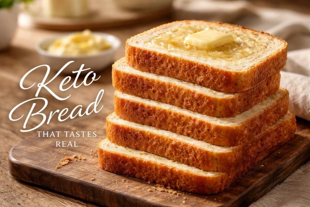Keto sandwich bread that tastes like real bread sliced on wooden board with soft fluffy texture and golden crust, low carb homemade bread perfect for healthy sandwiches
