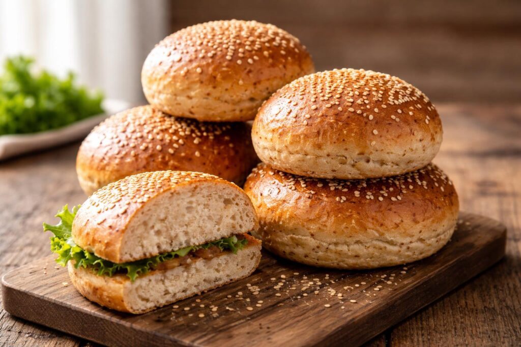 Soft and fluffy grain free burger buns recipe stacked on wooden table with sesame seeds and airy texture, perfect for healthy keto burger buns
