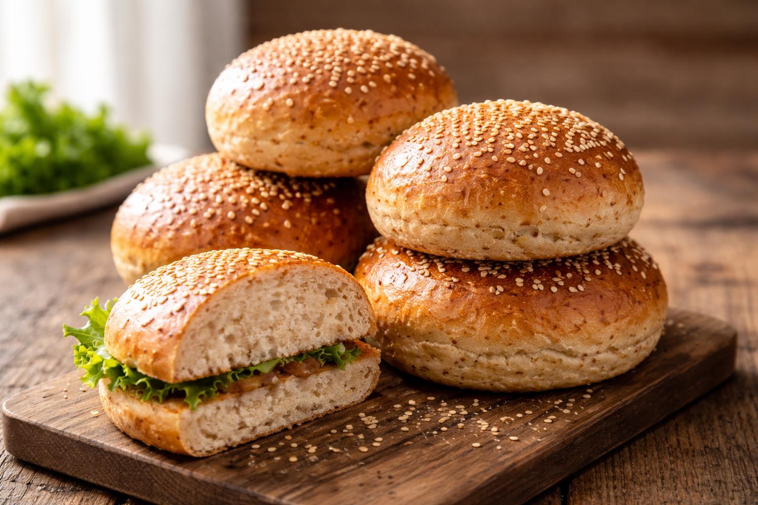 Soft and fluffy grain free burger buns recipe stacked on wooden table with sesame seeds and airy texture, perfect for healthy keto burger buns