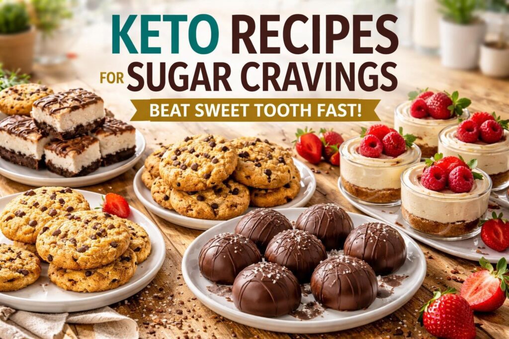 A visually appealing keto dessert spread featuring keto recipes for sugar cravings including fat bombs, cookies, and sugar-free cheesecake designed to help reduce cravings and support a low-carb diet lifestyle.