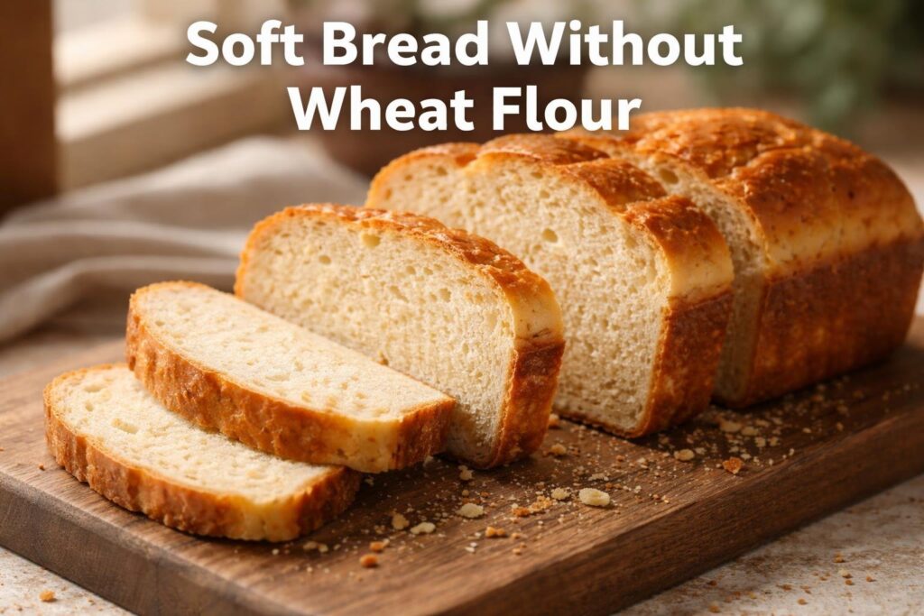 Soft and fluffy gluten-free bread loaf sliced on wooden board, made using bread recipes without wheat flour, showing golden crust and airy texture for healthy baking