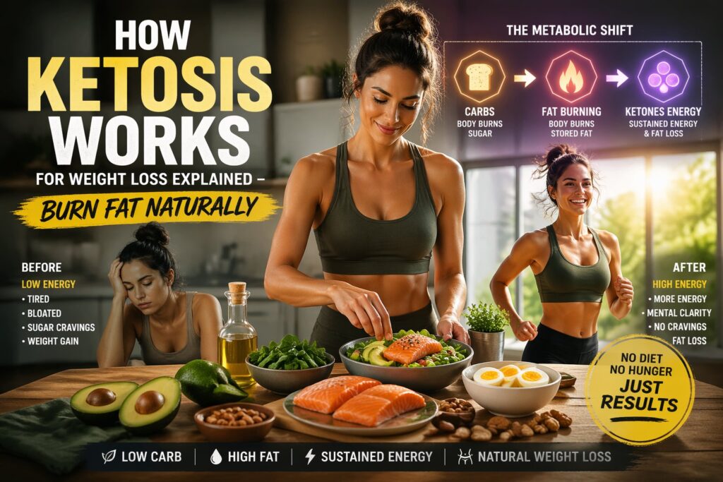 Realistic keto diet kitchen scene showing how ketosis works for weight loss explained, with healthy low carb foods like avocado, eggs, and salmon representing fat burning and ketones energy in a metabolic state.