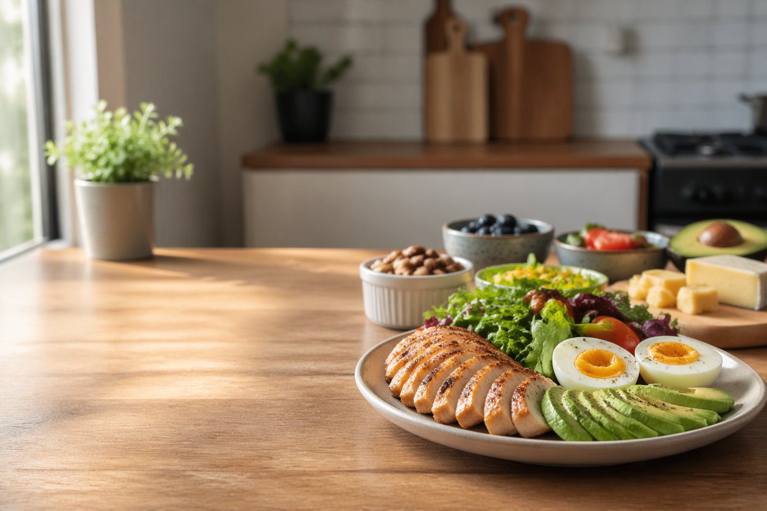 Healthy keto recipes low carb bundle meal featuring grilled chicken, avocado, eggs, cheese, and vegetables on a clean wooden table representing a keto diet recipes low carb bundle for weight loss and fat burning meal planning