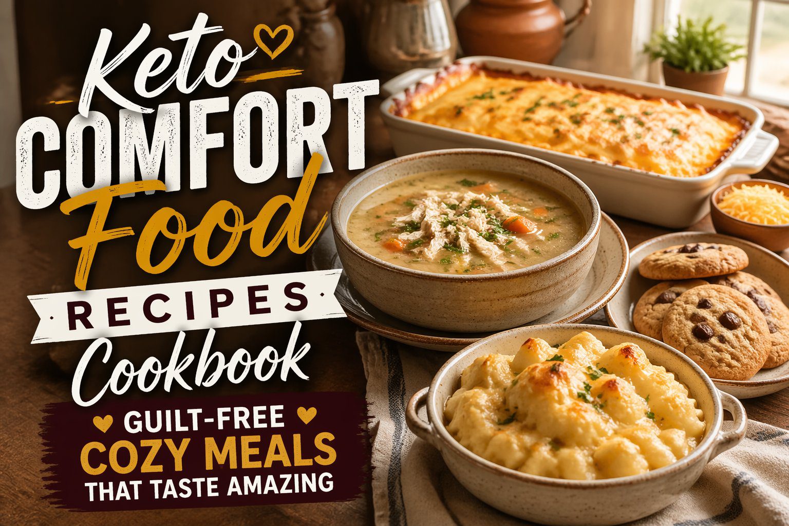 Cozy kitchen scene with keto comfort food recipes cookbook dishes including cauliflower mac and cheese, chicken soup, and keto desserts showing low carb comfort food cookbook ideas for healthy guilt-free eating.