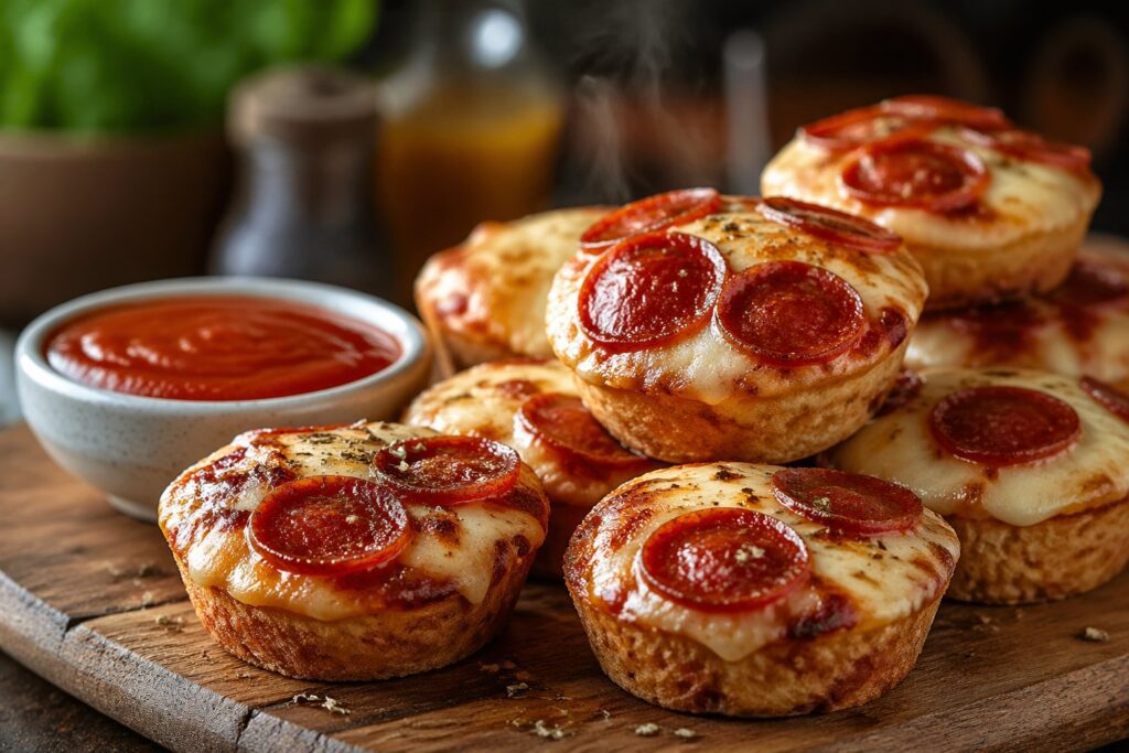Close-up of Keto Pepperoni Pizza Bites served as a low carb appetizer and easy dinner recipe, showing crispy golden mini pizza bites topped with melted cheese and pepperoni on a wooden board with dipping sauce, styled as a healthy keto snack idea.