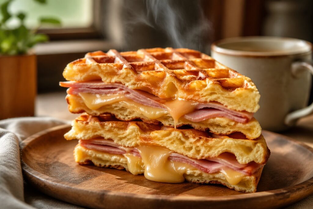 Golden crispy Keto Ham and Cheese Chaffles stacked on a wooden plate with melted cheese and ham layers, showcasing a low carb keto breakfast chaffle recipe in a cozy kitchen setting.