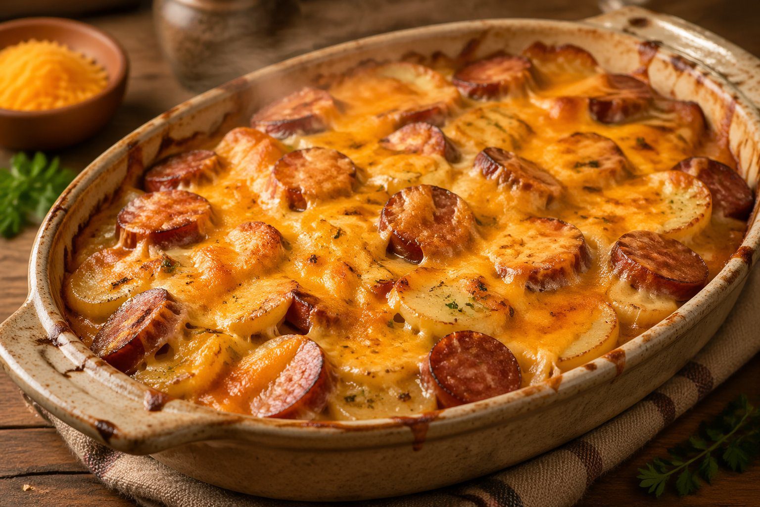 Overhead view of Hearty Kielbasa and Cheesy Potato Casserole with melted cheese, smoky kielbasa, and creamy baked potatoes in a rustic dish, showcasing a comforting easy casserole dinner and comfort food casserole recipe.