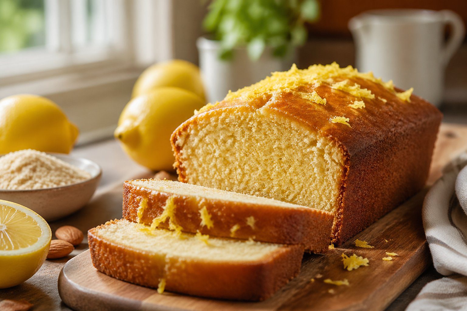 Freshly baked keto lemon bread recipe sliced on a wooden board showing soft moist texture with lemon zest, representing a low carb keto dessert made with almond flour and sugar free ingredients in a bright healthy kitchen setting