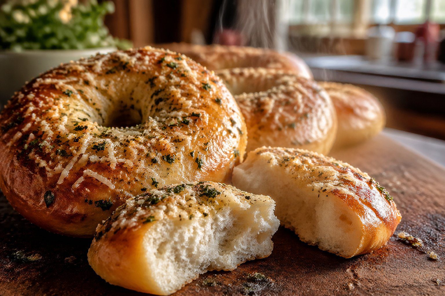 Close-up of freshly baked Garlic-Parmesan Cottage Cheese Bagels, golden crust, cheesy parmesan topping, soft fluffy interior, rustic wooden table breakfast, high-protein low-carb healthy bagels with cottage cheese and garlic flavor