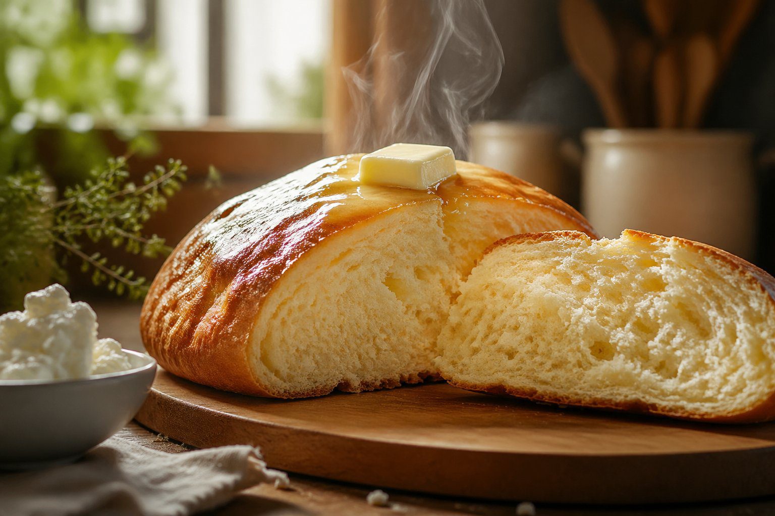 Fluffy cottage cheese bread with soft airy texture sliced open on a wooden table, a high protein bread recipe that looks fresh, warm, and homemade, showcasing a healthy bread alternative with keto and low carb appeal