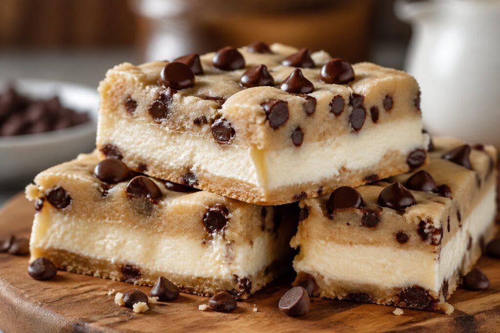 Keto Cookie Dough Cheesecake Bars layered low carb dessert with creamy cheesecake and sugar-free cookie dough topping, perfect keto dessert recipe served on rustic wooden board, high protein sugar-free cheesecake bars for keto lifestyle