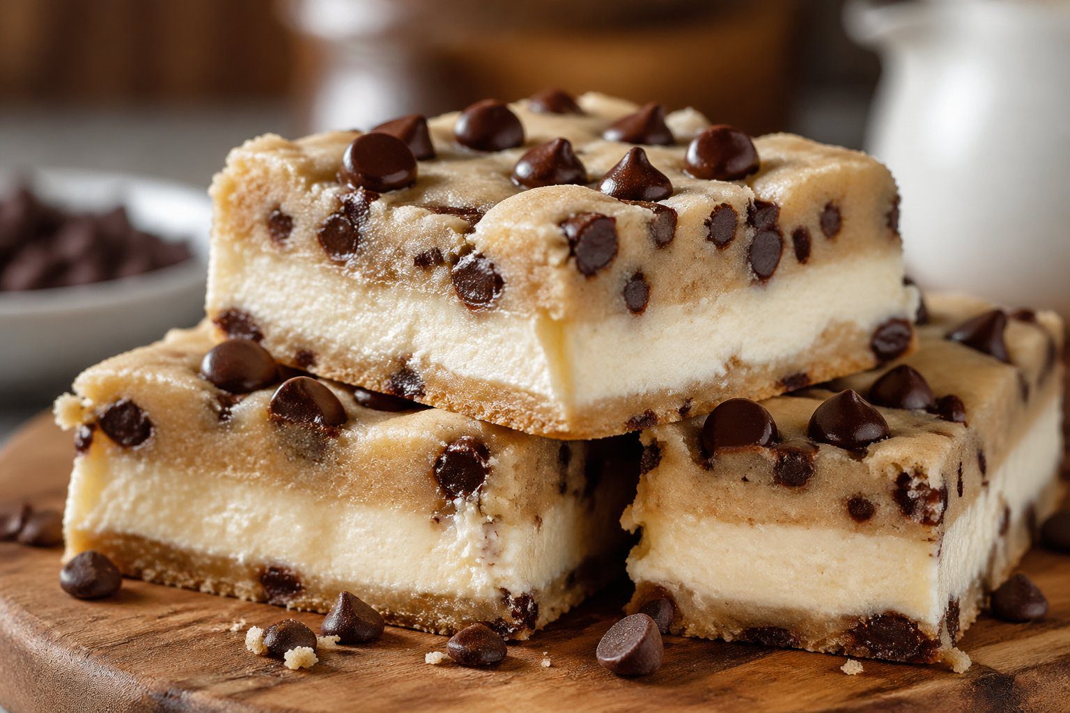Keto Cookie Dough Cheesecake Bars layered low carb dessert with creamy cheesecake and sugar-free cookie dough topping, perfect keto dessert recipe served on rustic wooden board, high protein sugar-free cheesecake bars for keto lifestyle