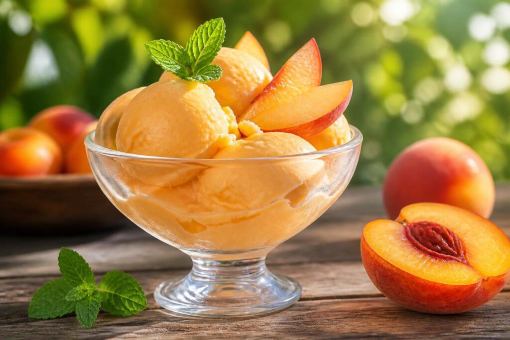 A refreshing peach sorbet recipe served in a glass bowl with fresh peach slices and mint leaves on a rustic table, showing a healthy homemade summer dessert