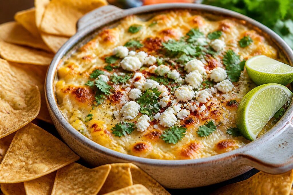 Baked elote dip with creamy corn, melted cheese, cotija, and chili flakes served with tortilla chips – cheesy Mexican street corn dip appetizer
