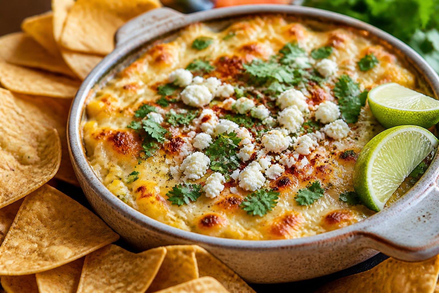 Baked elote dip with creamy corn, melted cheese, cotija, and chili flakes served with tortilla chips – cheesy Mexican street corn dip appetizer
