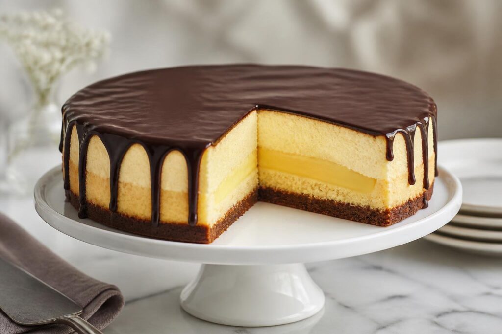 Boston cream pie cheesecake with chocolate ganache topping and creamy vanilla custard layer, rich baked cheesecake dessert on cake stand, bakery style presentation