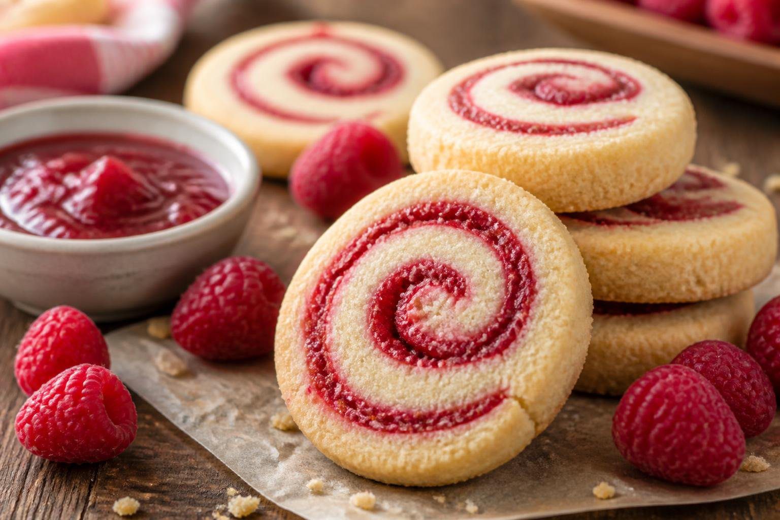 Buttery raspberry swirl shortbread cookies with visible jam spirals on rustic table, soft crumbly texture, bakery-style homemade cookies with fresh raspberries and jam