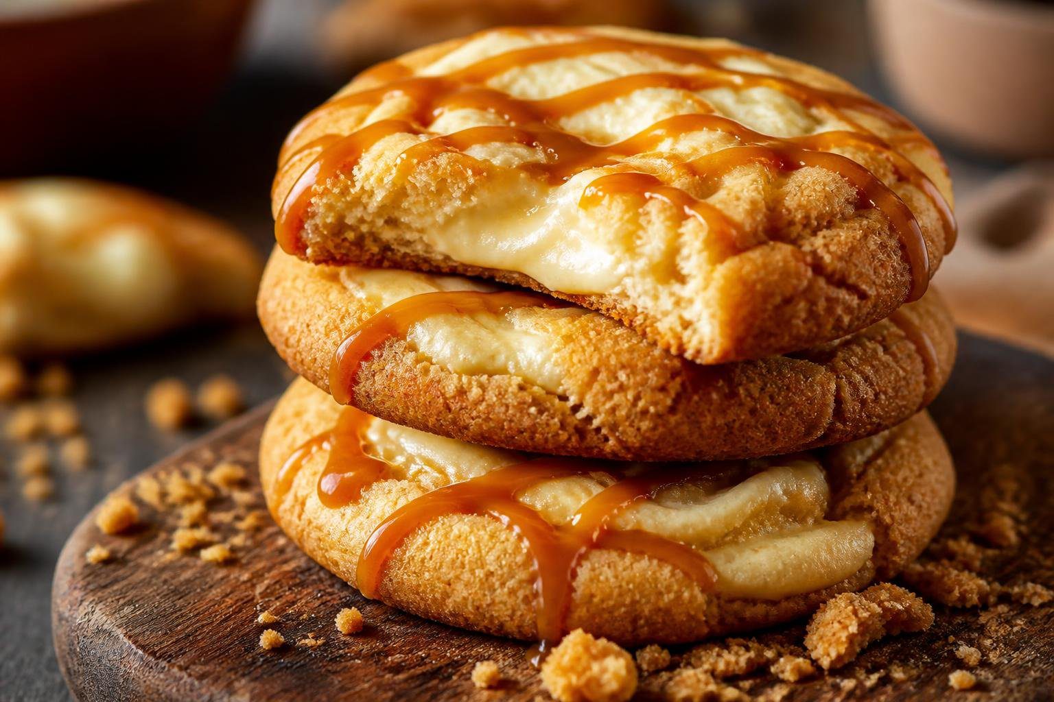 Caramel cheesecake cookies stacked with gooey caramel drizzle, soft creamy centers and golden edges on wooden board, rich homemade dessert cookies