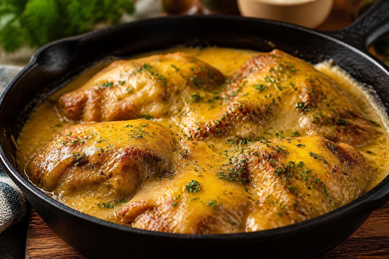Cheddar ranch chicken thighs baked in oven with melted cheese, crispy golden edges and fresh herbs, easy cheesy chicken dinner recipe