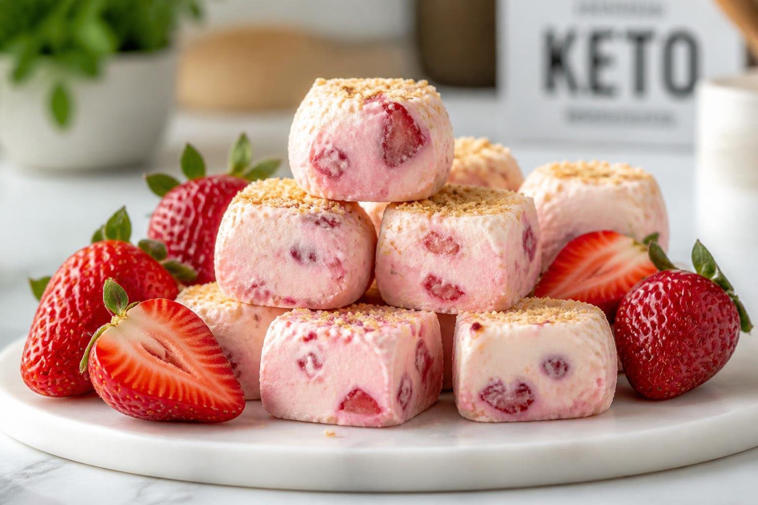 Creamy Keto Strawberry Cheesecake Fat Bombs arranged on a marble plate with fresh strawberries, showcasing a low-carb sugar-free keto dessert perfect for healthy snacking