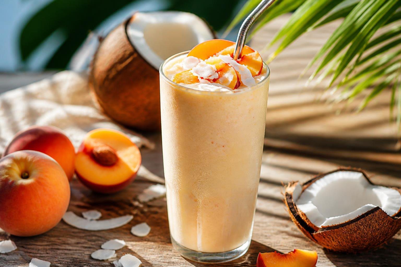 Creamy and refreshing peach coconut smoothie recipe in a tall glass with fresh peach slices and coconut flakes on top