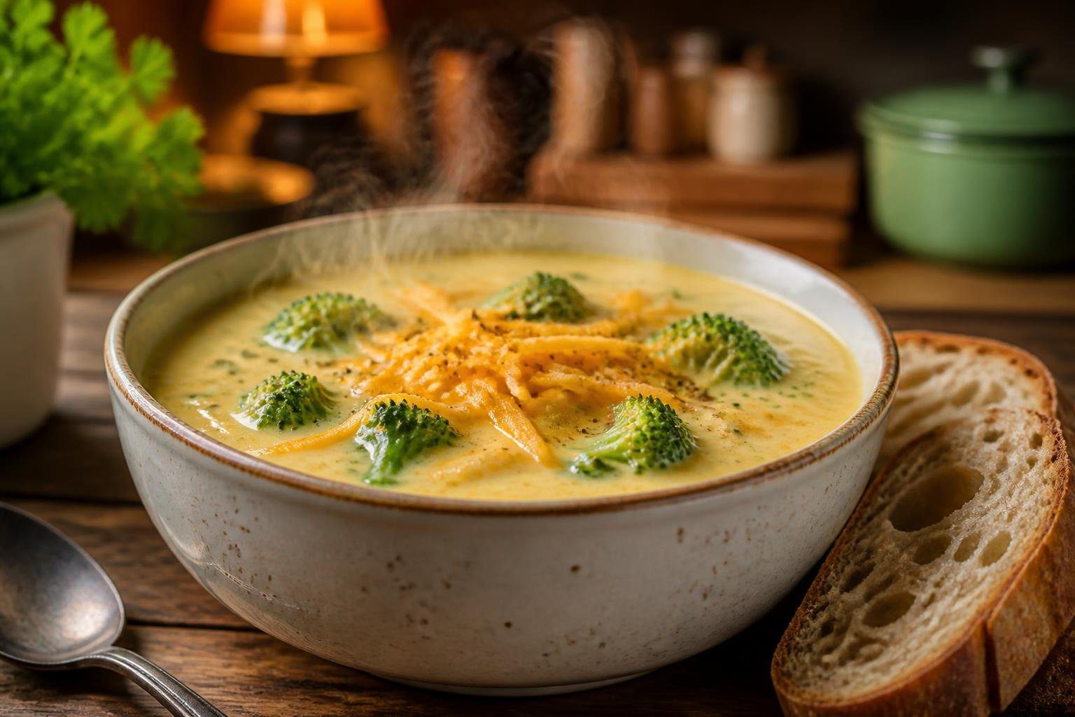 Creamy broccoli cheddar soup recipe in a rustic bowl with melted cheddar cheese, fresh broccoli, and crusty bread, rich and comforting homemade soup