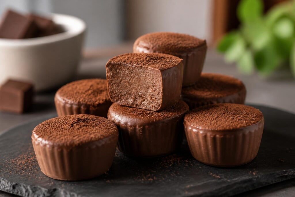 Creamy keto musketeer fat bombs recipe served on a dark plate with rich chocolate texture, low-carb keto dessert snacks for healthy sweet cravings