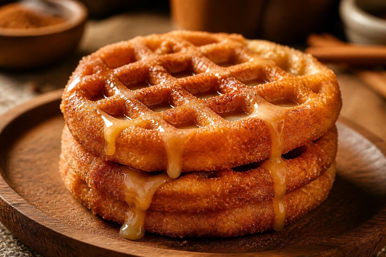 Crispy keto churro chaffle recipe topped with cinnamon sweetener and melted butter, low carb waffle dessert served warm in a cozy kitchen setting