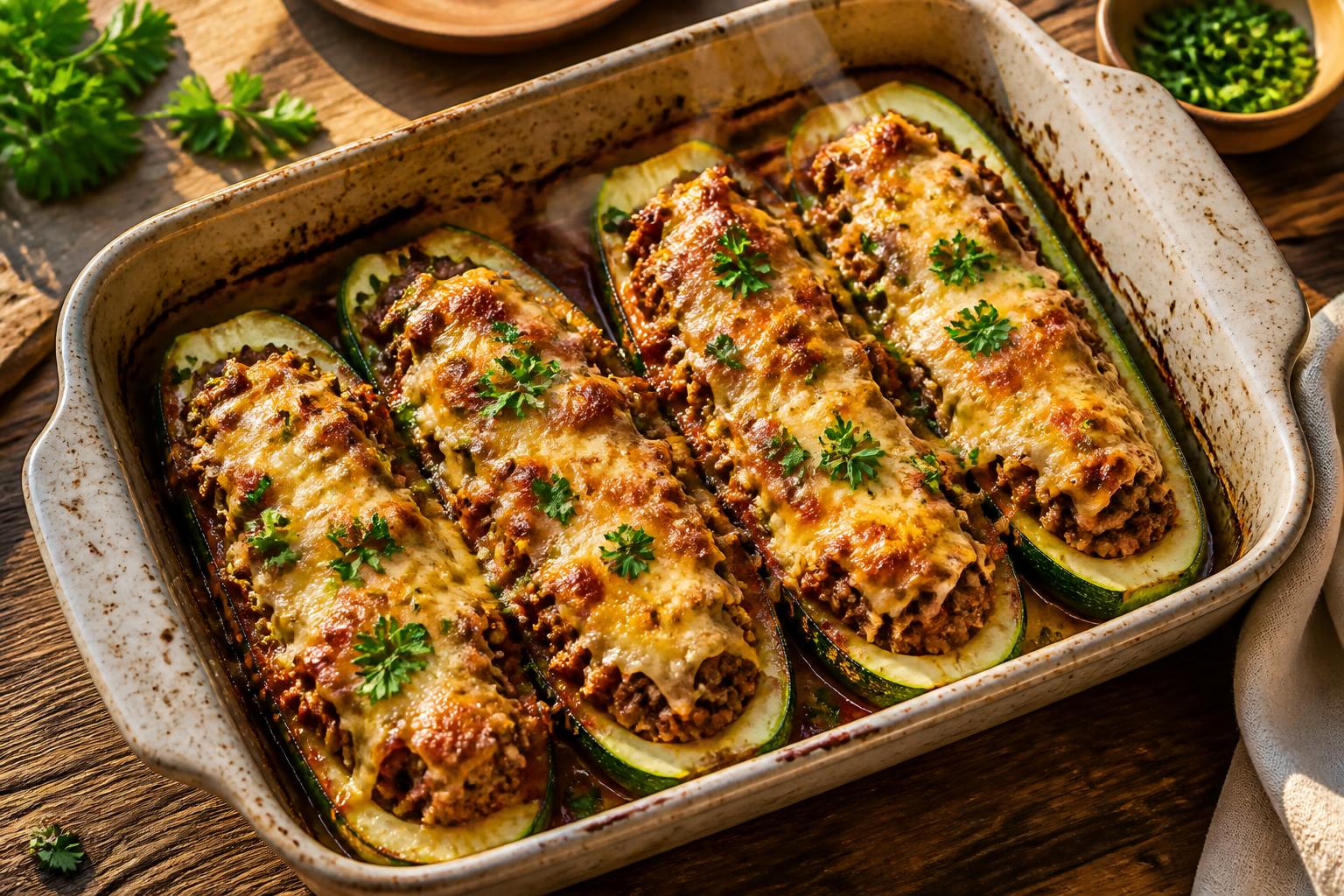 Easy ground beef zucchini boats (35-minutes) baked healthy low-carb dinner with juicy ground beef, melted cheese, and fresh herbs served in rustic dish