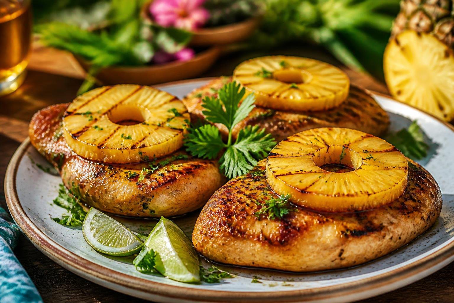 Easy homemade grilled pineapple chicken with caramelized pineapple slices, juicy grilled chicken breast,
